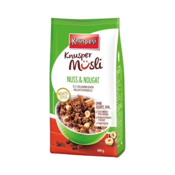 Knusperli Knusper Müsli Nuss & Nougat Noisette, 400g Produktbild, Vorderseite der Verpackung